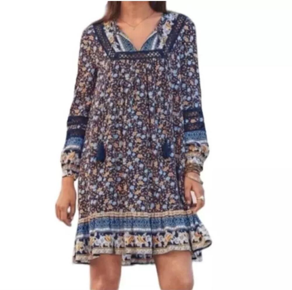 Sundance Floral Simona Dress Tunic Crochet Blue S Boho Prairie Cottage Core